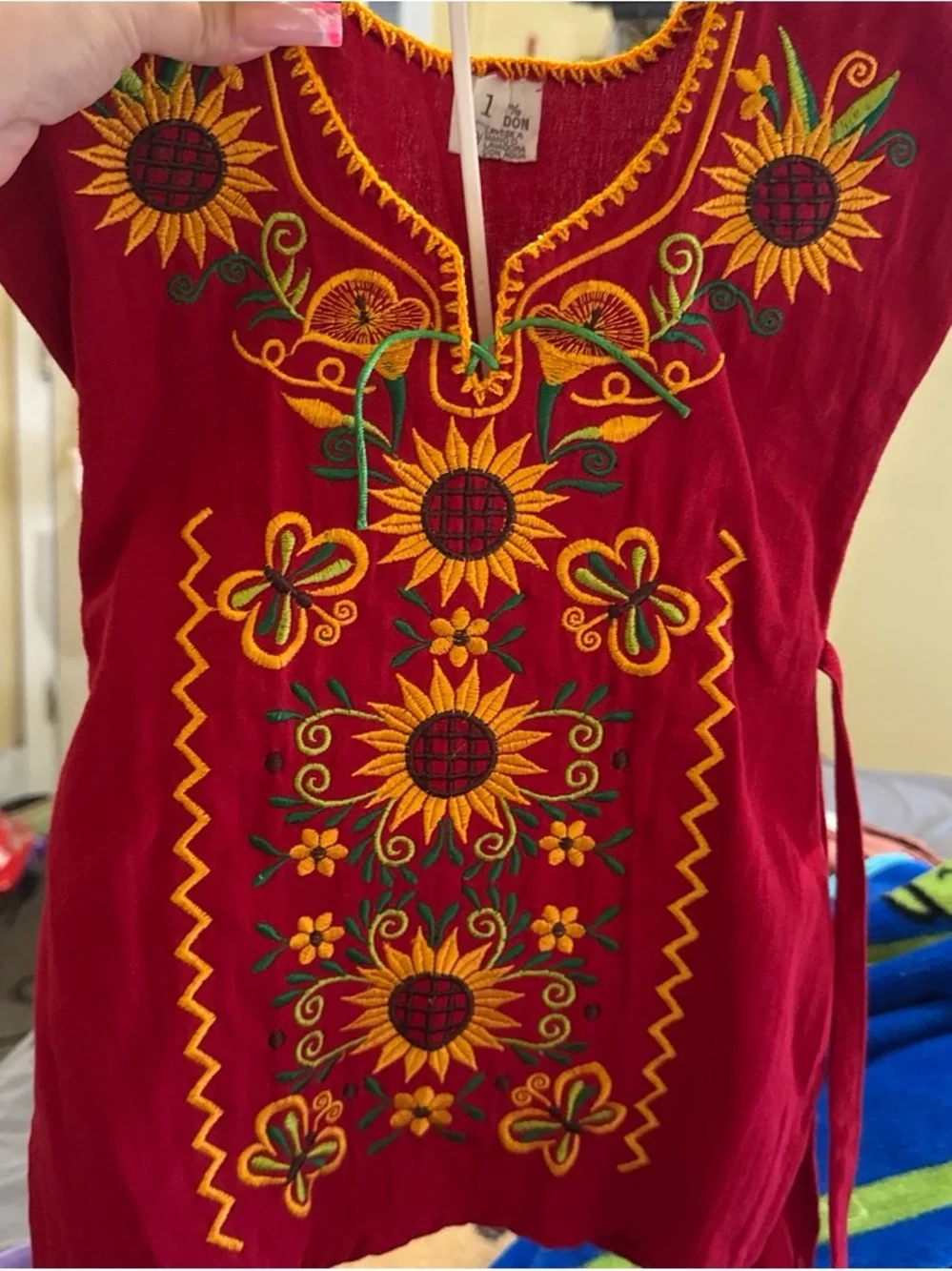 Embroidered Sunflower Peasant Top - Red